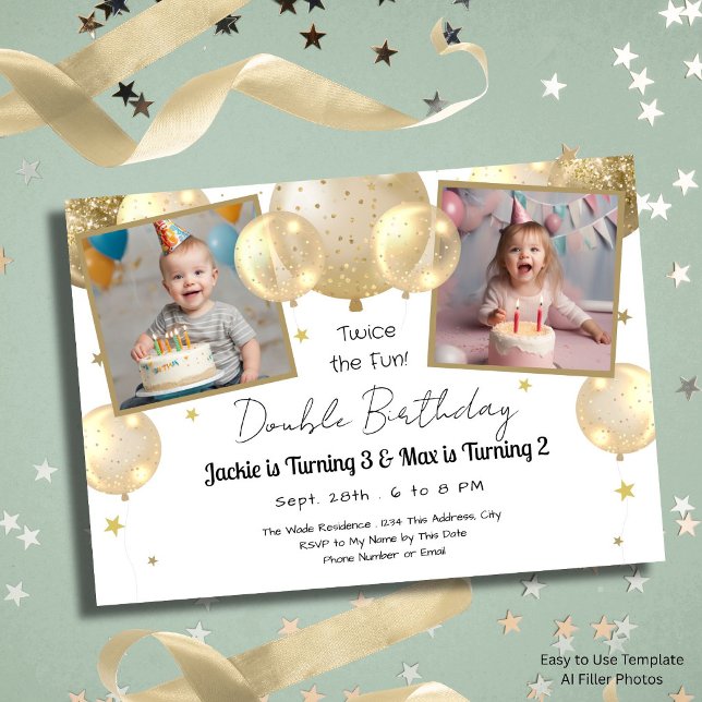 Invitación Globos dorados doble cumpleaños dorado fiesta infa (Subido por el creador)