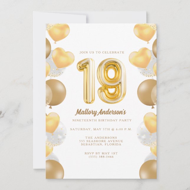Invitación Globos dorados fiesta de cumpleaños 19 (Anverso)