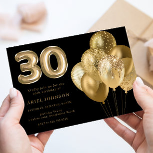 Invitación Globos dorados Fiesta de cumpleaños 30 negro