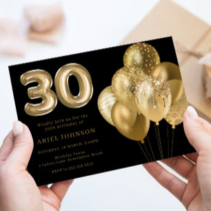 Invitación Globos dorados Fiesta de cumpleaños 30 negro