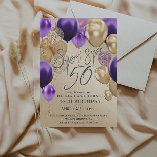 Invitación Globos dorados modernos morados para fiesta de cum