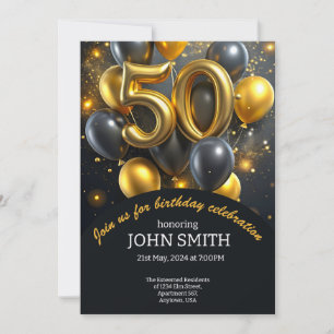 Invitación Globos dorados negros de 50 años brillando