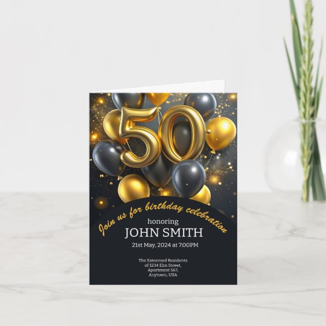 Invitación Globos dorados negros de 50 años brillando (Anverso)