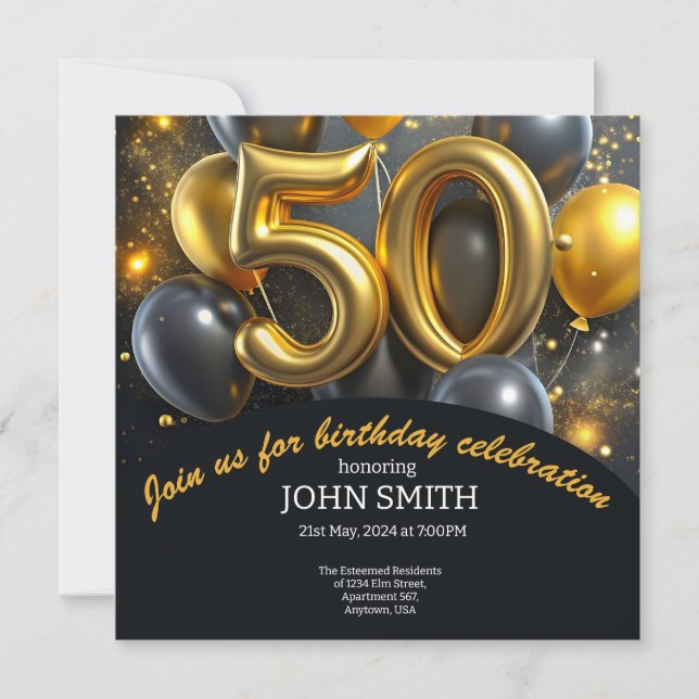 Invitación Globos dorados negros de 50 años brillando (Anverso)