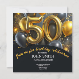 Invitación Globos dorados negros de 50 años brillando