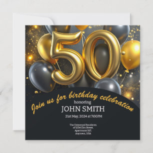 Invitación Globos dorados negros de 50 años brillando