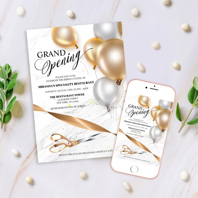 Invitación Globos dorados plateados Gran Cinta de Apertura (Subido por el creador)