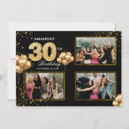 Invitación Globos dorados plateados y negros para 30 cumpleañ