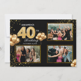 Invitación Globos dorados plateados y negros para cumpleaños 