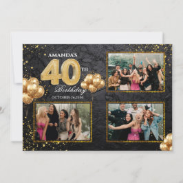 Invitación Globos dorados plateados y negros para cumpleaños 