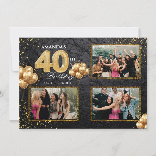 Invitación Globos dorados plateados y negros para cumpleaños  (Anverso)