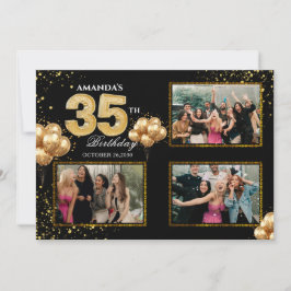 Invitación Globos dorados plateados y negros para el 35 cumpl
