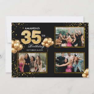 Invitación Globos dorados plateados y negros para el 35 cumpl
