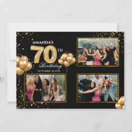 Invitación Globos dorados plateados y negros para el 70 cumpl
