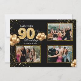 Invitación Globos dorados plateados y negros para el 90 cumpl