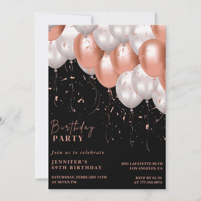 Invitación Globos dorados Rosa Negra cumpleaños 69 (Anverso)