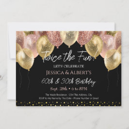 Invitación Globos dorados rosa y dorados de cumpleaños doble