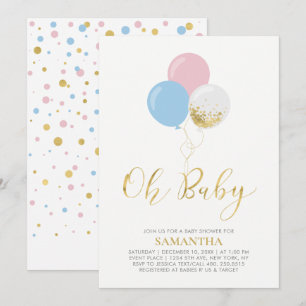 Invitación Globos dorados, rosados y azules   Oh Baby Baby Sh
