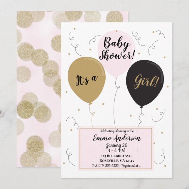 Invitación Globos dorados, rosados y negros Es una niña Baby  (Anverso / Reverso)