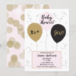 Invitación Globos dorados, rosados y negros Es una niña Cumpl