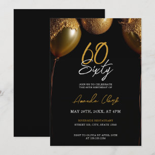 Invitación Globos dorados sobre fondo negro 60 cumpleaños