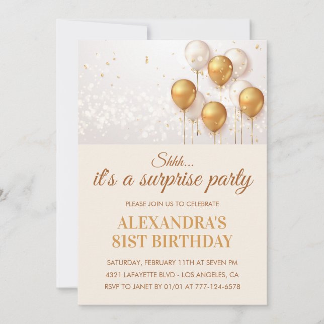 Invitación Globos dorados sorpresa 81 cumpleaños (Anverso)