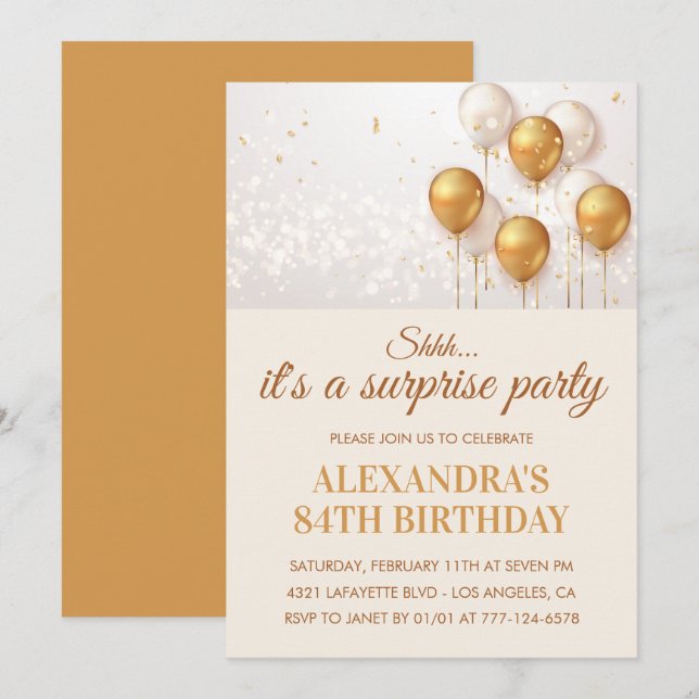 Invitación Globos dorados sorpresa 84 cumpleaños (Anverso / Reverso)