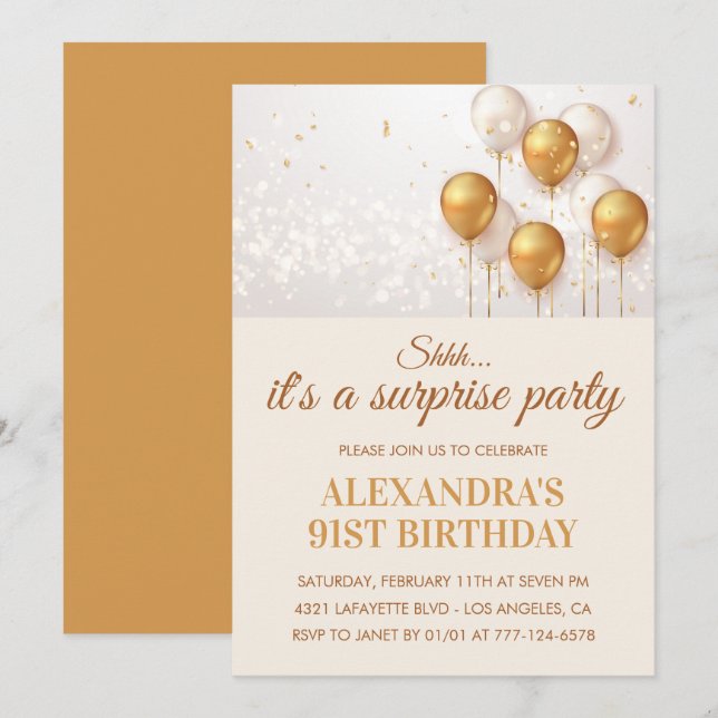 Invitación Globos dorados sorpresa 91 cumpleaños (Anverso / Reverso)