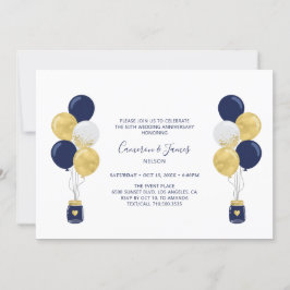 Invitación Globos dorados y azules aniversario de bodas 50