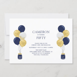 Invitación Globos dorados y azules Fiesta de cumpleaños moder