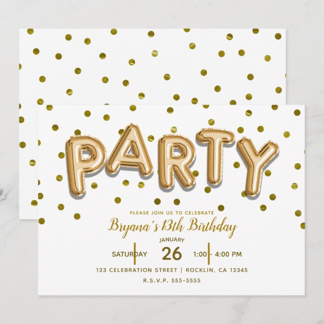 Invitación Globos dorados y confeti de cumpleaños PARTY de CU (Anverso / Reverso)