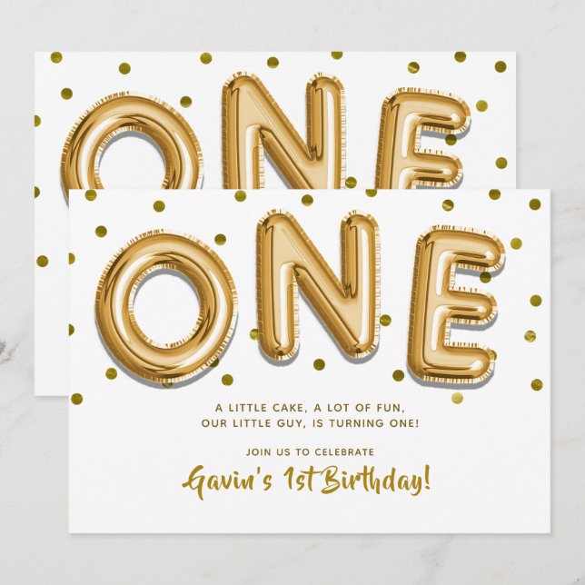 Invitación Globos dorados y confeti ONE Fiesta de cumpleaños  (Anverso / Reverso)