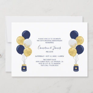 Invitación Globos dorados y navy 50 aniversario de bodas