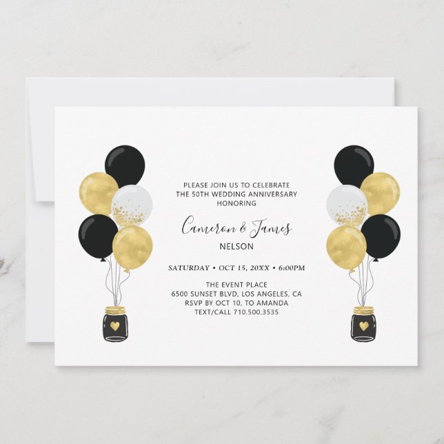 Invitación Globos dorados y negros Aniversario de bodas númer (Anverso)