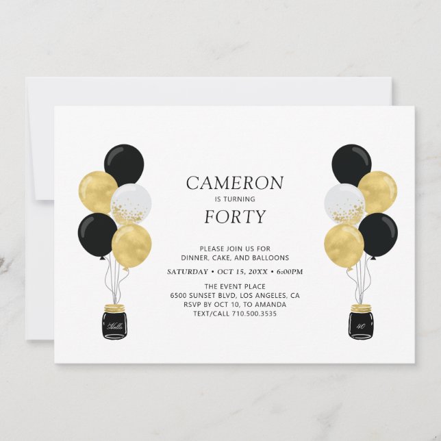 Invitación Globos dorados y negros Fiesta de cumpleaños moder (Anverso)