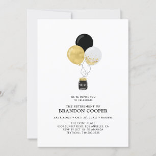 Invitación Globos dorados y negros Fiesta de jubilación moder
