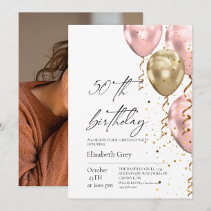 Invitación Globos dorados y rosados para cumpleaños número 50