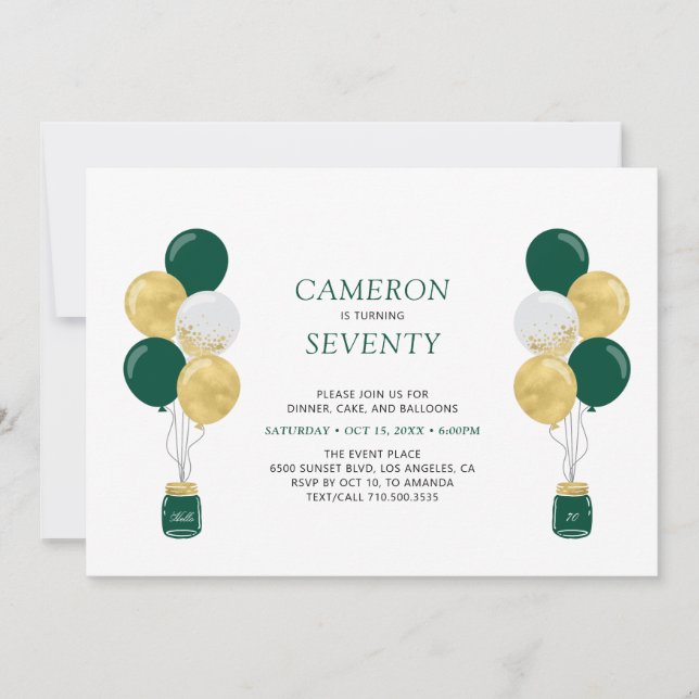 Invitación Globos dorados y verdes Fiesta de cumpleaños moder (Anverso)