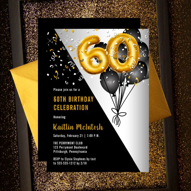 Invitación Globos Elegante Negro | Fiesta de cumpleaños númer (Elegant Black Balloons |  Gold Number Balloons "60" 60th Birthday Party Invitation Print Digital)