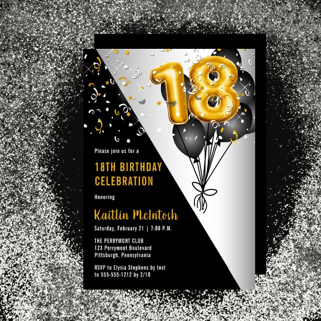 Invitación Globos Elegante Negro | Fiesta de los 18 Años de O (Balloons Elegant Black, Gold and Silver Tone 18th Birthday Party Invitation)