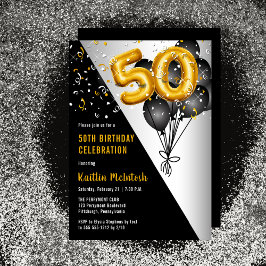 Invitación Globos Elegante Negro | Fiesta de los 50 Años de O