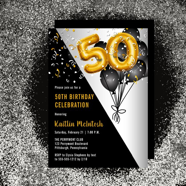 Invitación Globos Elegante Negro | Fiesta de los 50 Años de O (Balloons Elegant Black, Gold and Silver Tone 50th Birthday Party Invitation )