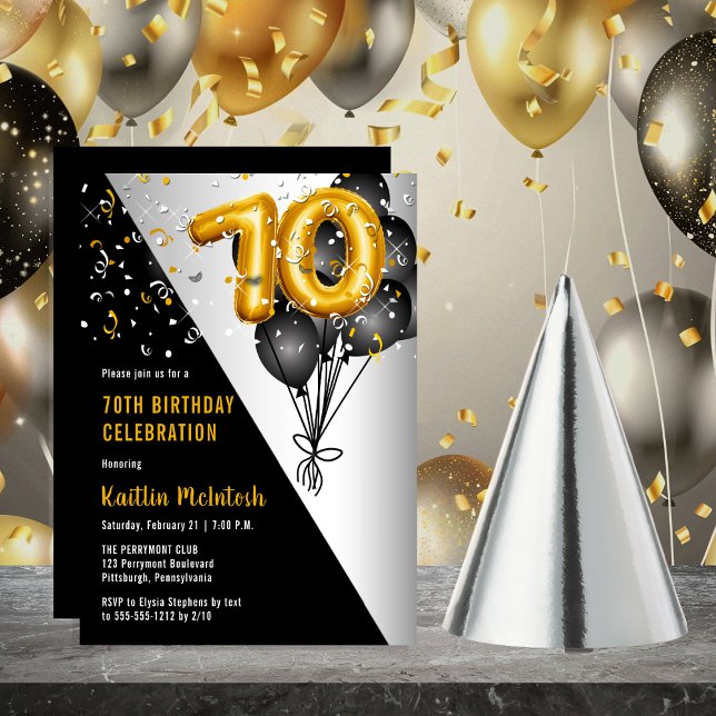 Invitación Globos Elegante Negro | Fiesta de los 70 Años de O (Balloons Elegant Black, Gold and Silver Tone 70th Birthday Party Invitation )