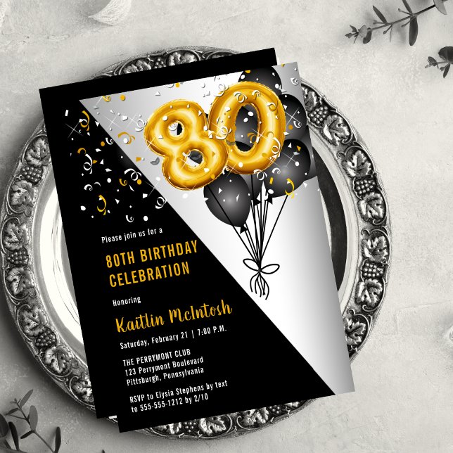 Invitación Globos Elegante Negro | Fiesta de los 80 Años de O (Balloons Elegant Black, Gold and Silver Tone 80th Birthday Party Invitation )
