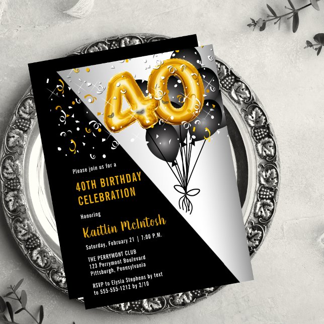 Invitación Globos Elegante Negro | Oro 40.º Fiesta de cumplea (Balloons Elegant Black, Gold and Silver Tone 40th Birthday Party Invitation )