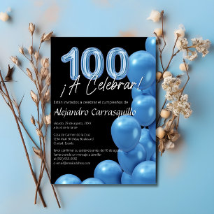 Invitación Globos Elegantes Azules con Negro Cumpleaños 100 e