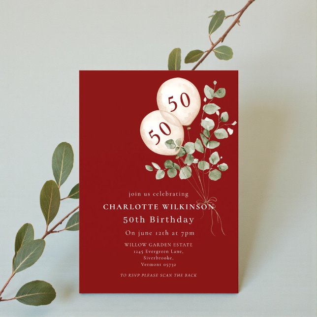 Invitación Globos Elegantes Cumpleaños 50 Eucalipto (Subido por el creador)
