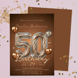 Invitación Globos Elegantes de Bronce y Plata Cumpleaños 50