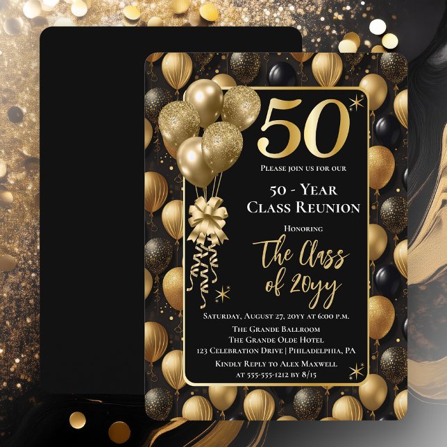 Invitación Globos Elegantes de Oro Negro Reunión de Clase de  (Elegant 50 Year Black and Gold Tone Faux Glitter Balloons Class Reunion Invitations)