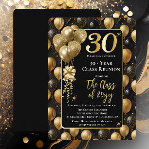 Invitación Globos Elegantes de Oro Negro Reunión de Clase de